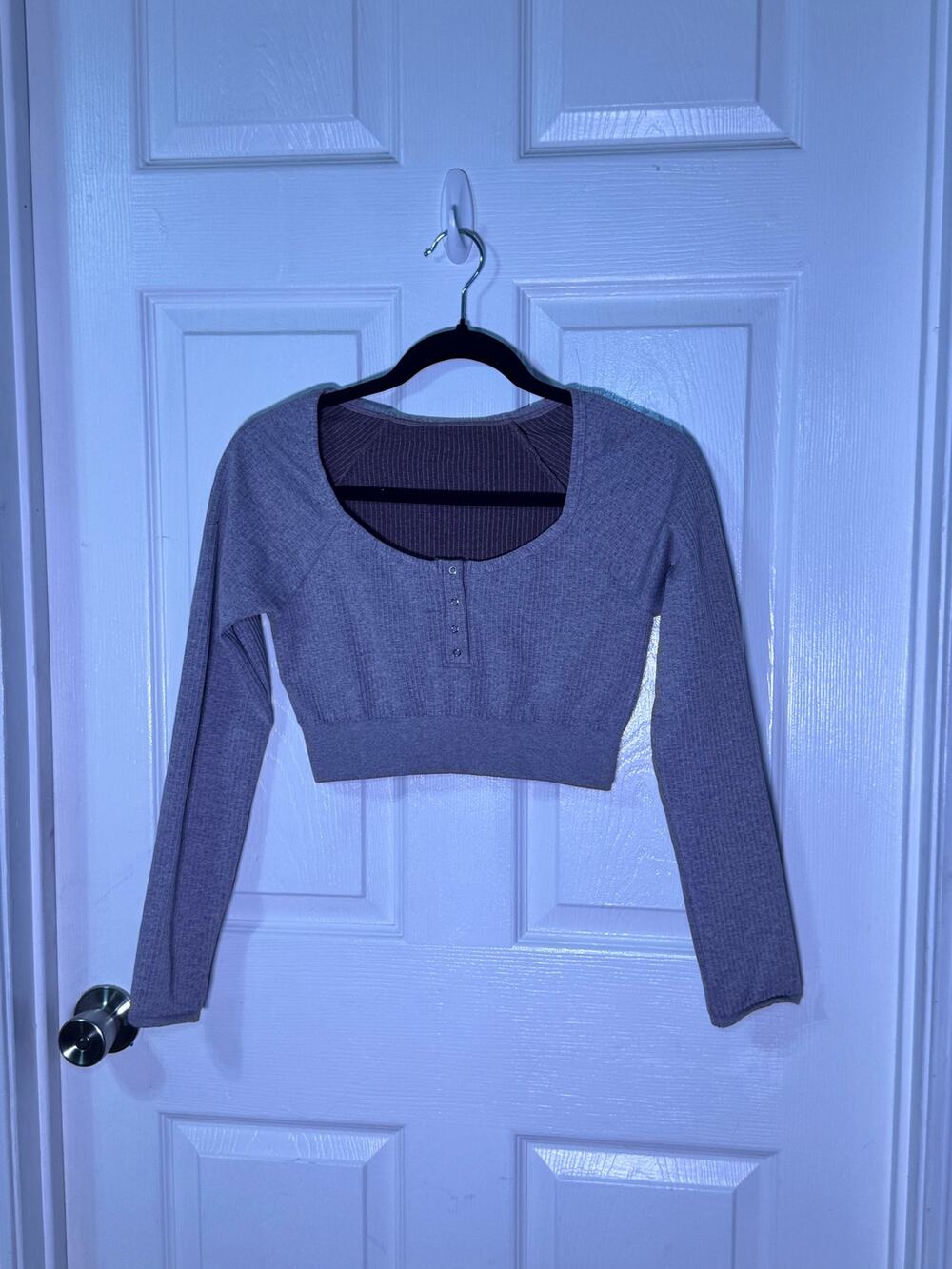 Free People FP Movement Henley Long Sleeve Crop Top in Heather Grey / Taupe.